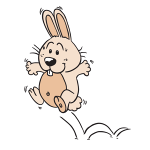 A cartoon rabbit hops
