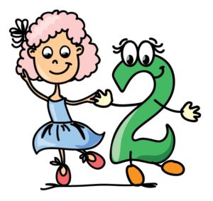 cartoon girl and numeral 2 dancing