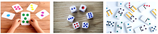 dot cards, die, and dominos
