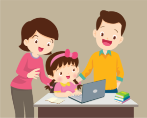 cartoon family around a laptop