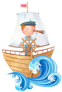 Cartoon sea Captain at the wheel of a ship