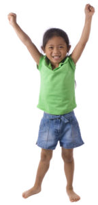 child with both arms raised over head
