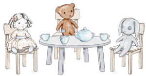 Watercolor tea party with teddy bears