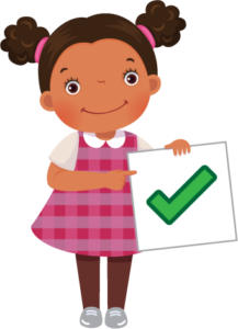 cartoon girl holding a card with a checkmark on it